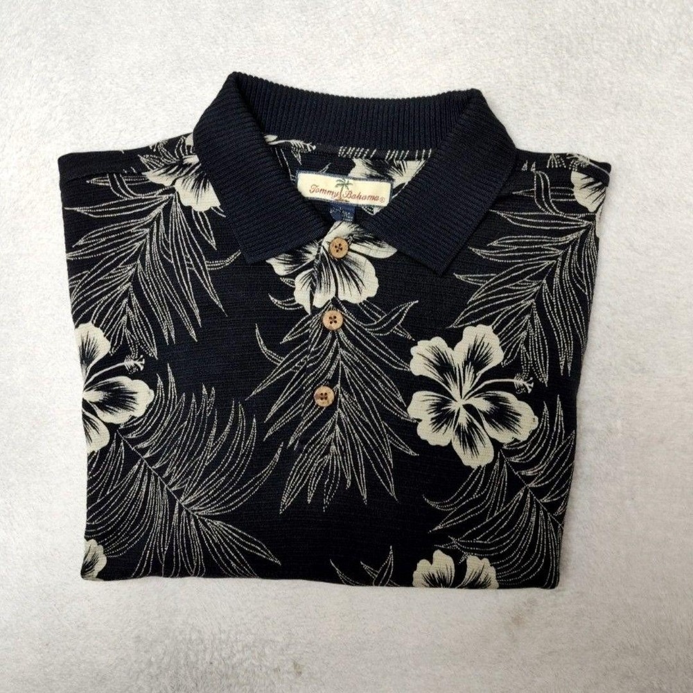 Tommy Bahama Polo Shirt Men L Blue Floral Hawaiian Silk Cotton Hawaiian Work